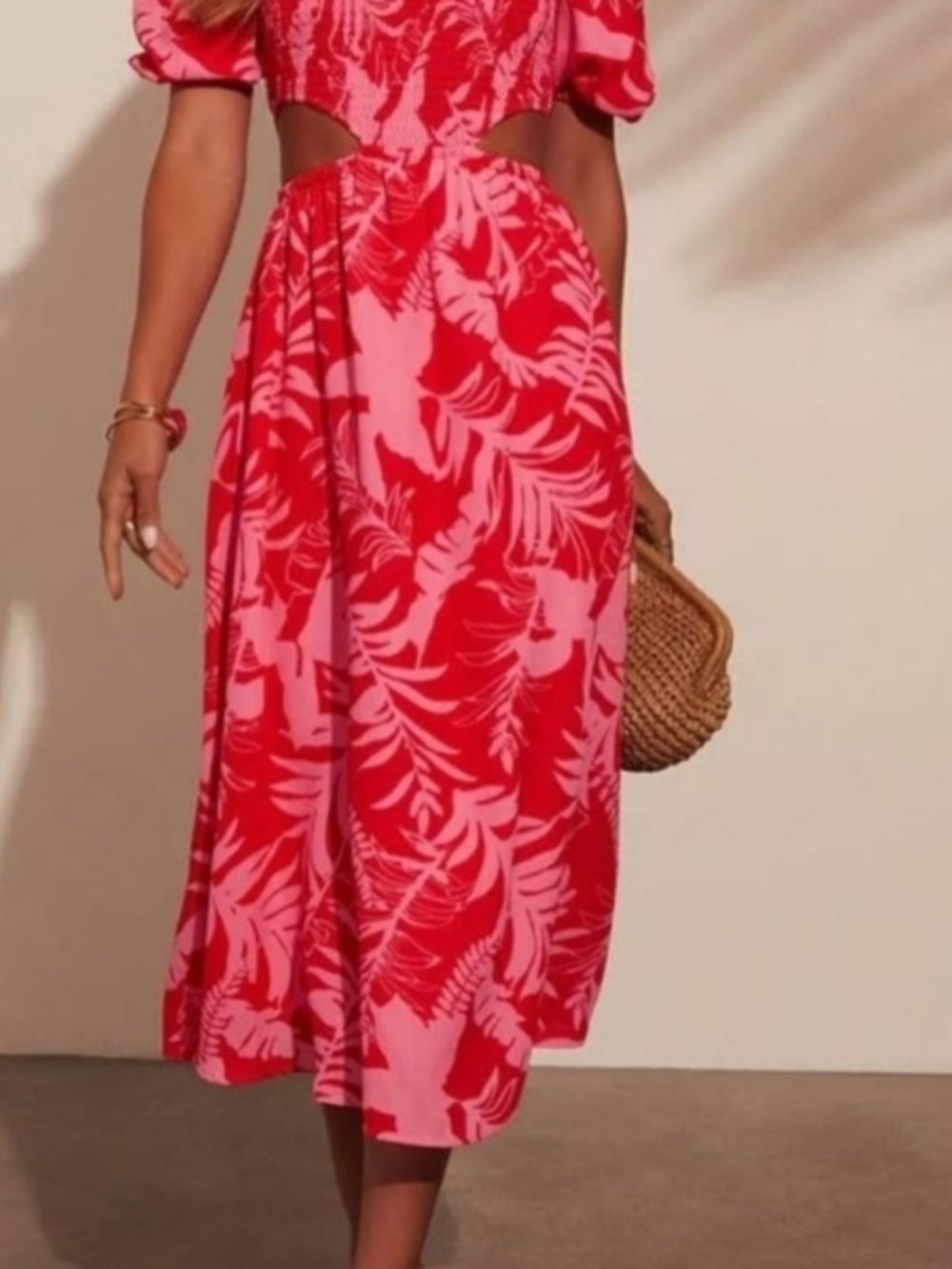 Vici Pink & Red Leaf-Print Midi Skirt - Picture 2 of 5